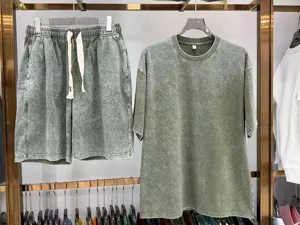 Men's Vintage Acid Washed Green Short Sleeve T-Shirt and Shorts Matching Set Casual Streetwear