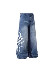 Men's streetwear wide leg denim jeans with tribal print casual hip hop trousers summer