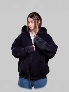 Oversized washed black zip-up hoodie for men and women, fleece lined for autumn and winter.
