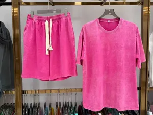 Washed vintage pink t-shirt and shorts set american street style cotton summer outfit