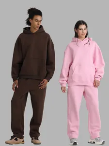 Oversized fleece hoodie and sweatpants set for men and women, solid color casual streetwear.