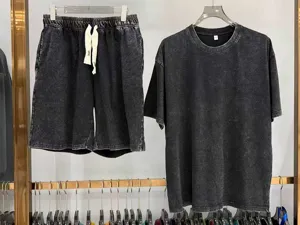 Mens acid washed streetwear t-shirt and shorts set casual cotton short sleeve outfit black