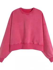Sweat-shirt rose lave vintage court a col rond pour femmes, style decontracte chic.