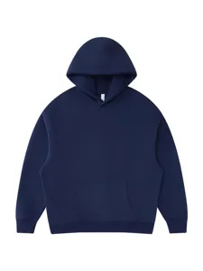 Solid navy blue fleece hooded pullover sweatshirt, classic casual wear for autumn and winter.