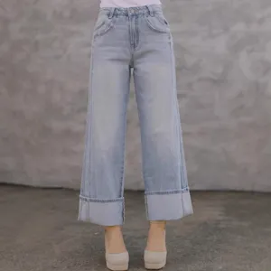Women light blue washed denim pants mid rise loose straight leg cuffed jeans for daily wear