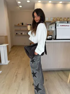 Women star print loose straight jeans casual high waist denim pants fashion streetwear