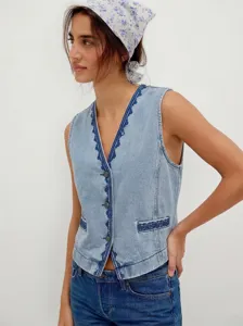 Women casual slim fit sleeveless denim vest with blue floral embroidery and button front.