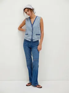 Detailed view of the women's vintage blue embroidered denim sleeveless vest in a casual style.