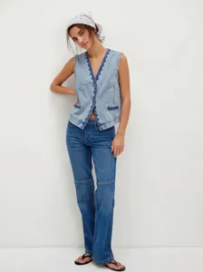 Women denim vest sleeveless slim fit embroidered button casual chic stylish outerwear top