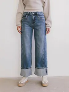 Casual mid waist wide leg washed fashion denim jeans for women with cuffed hem details