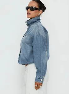 Vintage blauwe denim jas voor dames, casual lange mouwen opstaande kraag gewassen.