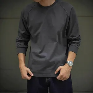 Detailed view of heavy cotton raglan long sleeve t-shirt in dark grey for men casual wear