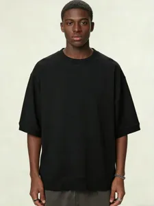 Oversized black terry cloth t-shirt for men, dropped shoulder loose fit casual tee tops.