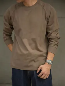 Mens heavy cotton raglan long sleeve t-shirt casual solid brown inner base top wear