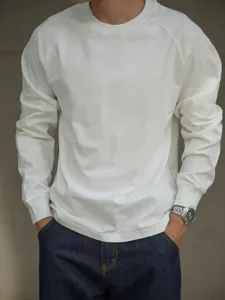Heavyweight cotton long sleeve t-shirt for men, solid white crewneck raglan basic tee.