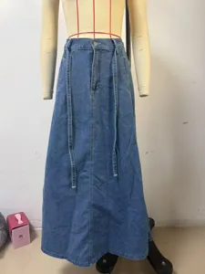 Women high waist casual denim long skirt summer vintage blue maxi skirt with belt