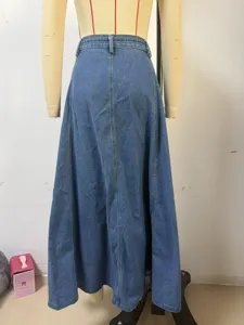High waist denim maxi skirt for women, casual long jean skirt with A-line design.