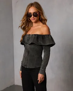 Retro slim off-the-shoulder ruffle denim top for women, stylish washed black shirt.
