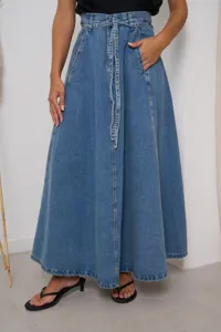 High-waisted denim maxi skirt for women, featuring a stylish belt and casual slim fit design.