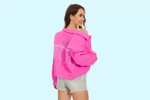 Dames roze strass franje denim jas mode casual streetwear chic bovenkleding top.