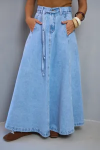 High waist casual light blue denim maxi skirt with matching belt detail, perfect summer wear.