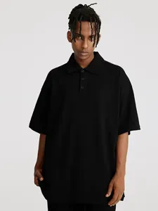 Men black short sleeve polo shirt detail view, casual turn-down collar design, breathable fabric.