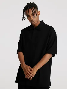 Men's black short sleeve polo shirt, classic lapel casual design, versatile daily wear.