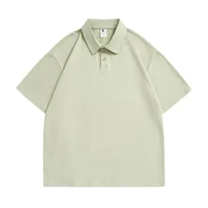 Light green short sleeve polo shirt detail, classic lapel casual summer top for men and women.