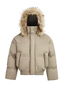 Stiloso giubbotto invernale kaki da uomo e coppie con cappuccio in pelliccia sintetica e design caldo.