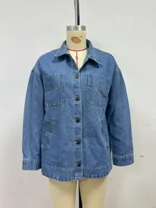 Detailed view of women's casual denim jacket featuring classic lapel, buttons, and pockets.