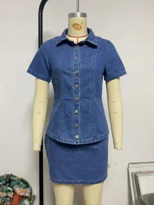 Women denim short sleeve button up shirt and high waist skirt two piece set casual