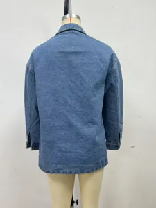 Back detail view of casual blue denim jacket with side slits and classic collar for women.