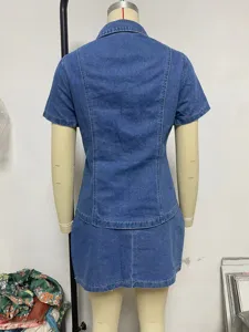 Denim short sleeve top and mini skirt set for women, casual summer two piece outfit style.