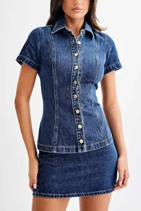 Denim short sleeve button shirt and high waist skirt set for women, modern fashion outfit.