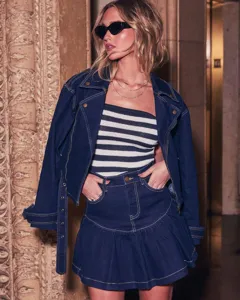 Women denim jacket and miniskirt set, spring casual fashion denim two piece outfit stylish.