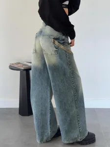 Jean femme large délavé vintage à dégradé avec fermeture éclair latérale streetwear