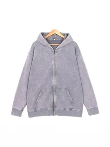 Vintage wash full zip hoodie for men, casual loose fit hooded sweatshirt with front pockets.