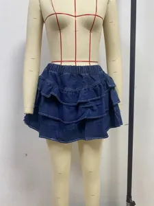 Dames denim minirok zomer gelaagde ruffles rok in effen kleur met elastische taille