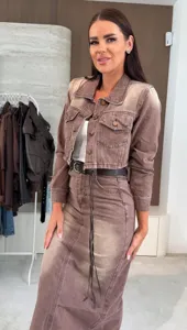 Stylish women's vintage brown denim jacket and matching bodycon midi skirt set for autumn.