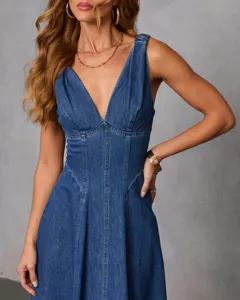 Detailed view of women's stylish blue denim V-neck sleeveless slip dress with slim fit.