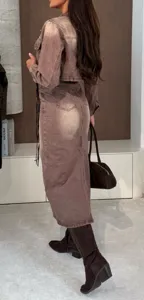 Women's brown vintage wash denim jacket and midi skirt set stylish autumn outfit