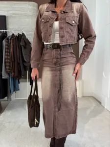 Retro washed brown denim jacket and matching long skirt set for women, chic autumn fashion style.
