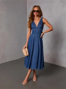Women's Sexy V-Neck Sleeveless Backless Denim Dress Slim Fit Summer Casual Streetwear Fashion Midi Dress