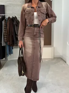 Women Fall Casual Distressed Denim Jacket And Skirt Set Vintage Long Sleeve Top Bodycon Midi Skirt Streetwear