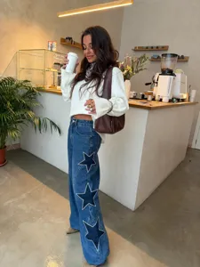 Women's Casual Loose Straight Leg Denim Jeans Vintage Washed Denim Pants With Star Patch And Pearl Embellishment