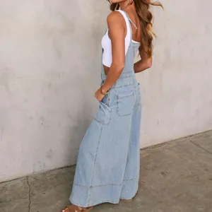 Women's Light Blue Denim Overalls Casual Wide Leg Jumpsuit Streetwear Chic Dungarees