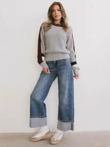 Women's Casual Loose Straight Leg Denim Pants Mid Waist Washed Blue Jeans With Pocket Fashion Streetwear Trousers