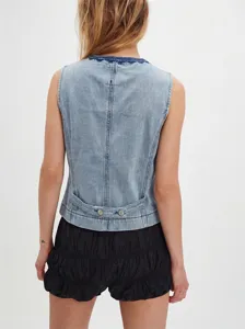 Blue denim vest for women, sleeveless slim fit design with back embroidery and buttons.