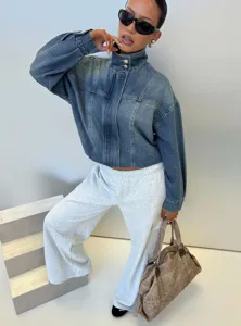 Vintage gewassen denim jas met opstaande kraag voor dames, casual lange mouw bovenkleding.