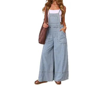 Women denim overalls casual loose wide leg bib trousers vintage streetwear blue denim pants